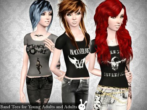 My Chemical Romance, Black Veil Brides and Avenged Sevenfold band tees for your young adult and adult sim's everyday, sleep and athletic wear! Comes with fancy pantsy launcher and CAS thumbnails, I... Sims 4 Band Tees, Sims 2 Emo Cc, Sims 4 Cc Band Tees, Scene Belt, Avenged Sevenfold Band, Sims 3 Cc Clothes, Ts3 Cc, Cc Shopping, Sims 3 Cc Finds