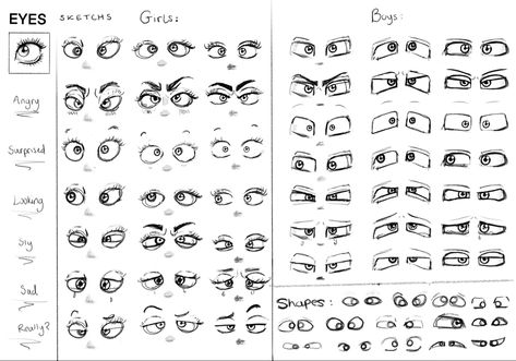 Ways To Draw Eyes Cartoon, Cartoon Eye Shapes, Eye Shapes Cartoon, Female Cartoon Eyes, Cartoon Eye Styles, Eye Expressions Drawing, How To Draw Cartoon Eyes, Cartoon Eyes Reference, Eye Sketches