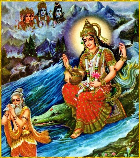 🌺 GANGA DEVI ॐ 🌺 Shri Vishnu said: “If one utters “Ganga”, “Ganga”, though one is a hundred yojanas away from the Ganges, one will be freed of all sins and go to Vishnuloka.” Aadi Shakti, Durga Images, Shiva Parvati Images, Lord Shiva Family, Lord Vishnu Wallpapers, Hindu Mythology, Shiva Art, Rishikesh, Indian Art Paintings