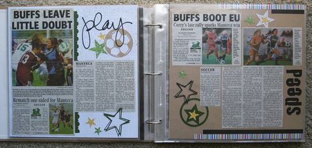 Sports album using newspaper clippings. Scrapbook Ideas Newspaper, Newspaper Clippings Display Ideas, Scrapbook Ideas For Newspaper Clippings, Newspaper Article Display, Sports Scrapbook Ideas, Lacrosse Scrapbook Layouts, Scrapbook Sports Ideas, Baseball Game Scrapbook Layout, High School Newspaper