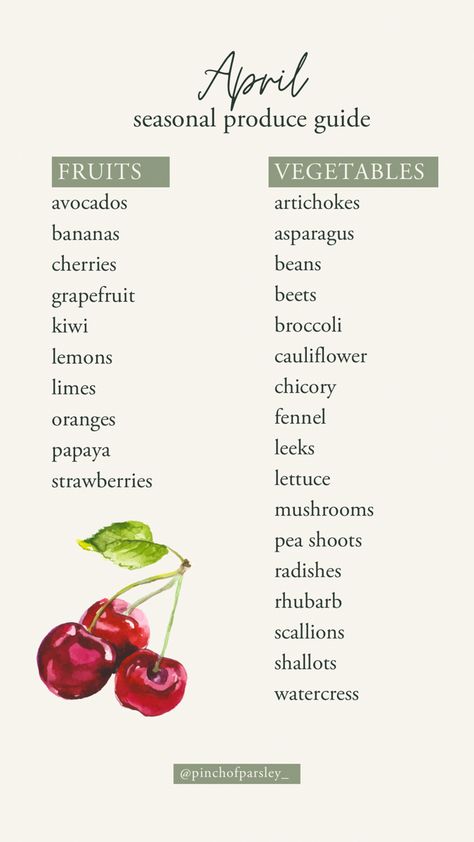 April seasonal produce list: shows fruits and veggies that are in season during the month of April Fun Appetizers, Seasonal Produce Guide, Vegan Grocery List, Farmers Market Recipes, Seasoned Veggies, Vegan Grocery, Vegan Guide, Month Of April, Seasonal Produce