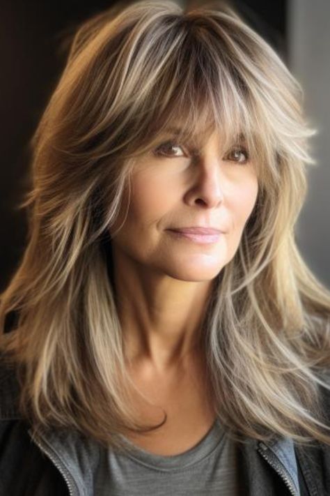 35 Flattering Hairstyles for Women Over 50 with Bangs Long Hair Styles With Layers For Over 50 With Bangs, Long Layered Bob Hairstyles With Bangs, Long Layered Hair Cuts With Bangs, Long Feathered Hairstyles Layered Hair, Over 50 Long Hair With Bangs, 70s Feathered Hair Bangs, Long Layered Hairstyles With Bangs, Medium Length With Layers And Bangs, Bouncy Layered Hair Medium