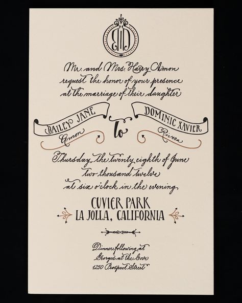 Stamp your wedding invitations with a stylish reminder of who is starring in the celebration. This suite by Antiquaria features a Jay Gatsby-style monogram. California Desert Wedding, Wedding Getaway Car, Joshua Tree Wedding, Calligraphy Tutorial, Wedding Invitation Inspiration, Classic Wedding Invitations, Black And White Wedding, Traditional Bride, Jazz Age