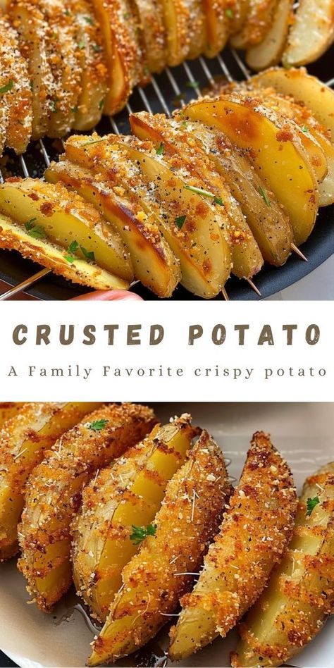 Roasted Garlic Parmesan Wedges, Crispy Crunchy Parmesan Potatoes Recipe, Homemade Potatoes Wedges, Cheese Crusted Potatoes, Parmesan Crusted Potatoes Wedges, Baking Potato Recipes, Pave Potatoes Recipe, Panko Potatoes, Garlic Parm Potato Wedges