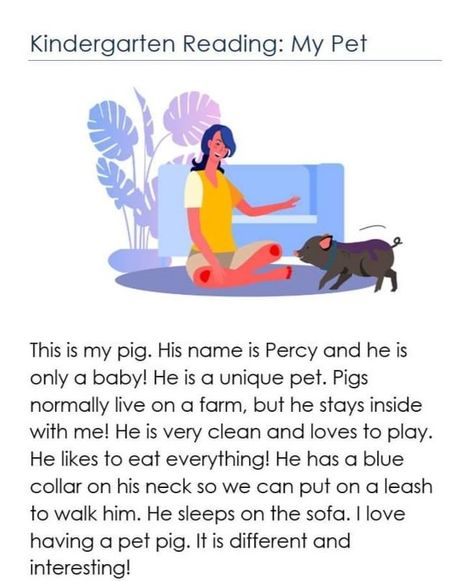 My pet. English reading practice for kindergarten , grade one. Learn english. English Essay, English Stories For Kids, English Story, Reading Practice, Pet Pigs, English Reading, My Pet, Kindergarten Reading, Unique Animals