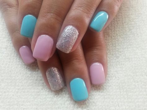 Pale Blue And Pink Nails, Pink And Blue Gel Nails Short, Pastel And Glitter Nails, Blue Pink And Gold Nails, Bright Blue Gel Nails, Pastel Sparkle Nails, Light Pink And Light Blue Nails, Pink Blue White Nails, Pink Blue And White Nails