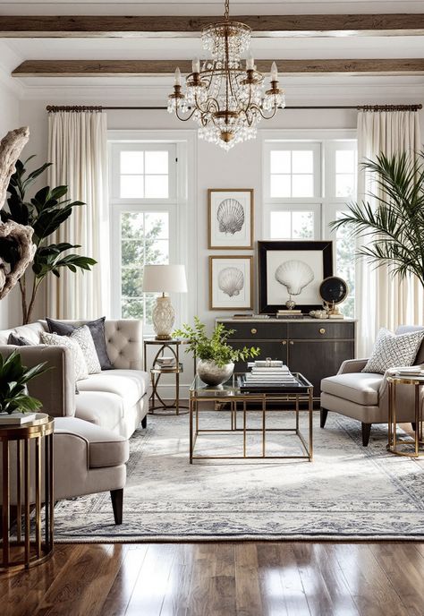 Coastal Living Room Modern Coastal Hamptons Style, Upscale Coastal Decor Interior Design, Coastal Luxury Interior Design, Coastal Hamptons Style, Modern Traditional Living Room, Coastal Living Room Ideas, Modern Coastal Living Room, Sophisticated Coastal, Transitional Coastal