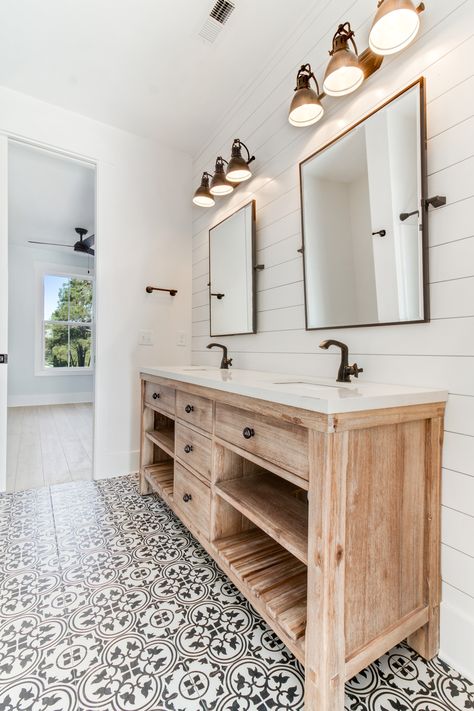 Bathroom Goals, hanging lights, lighting, natural wood, farm sink, farmhouse, beach house, modern Modern Farmhouse Bathroom Ideas, Lake House Bathroom, Main Bathroom Ideas, Beach House Bathroom, House Bathrooms, Modern Farmhouse Bathroom, Master Bath Remodel, Upstairs Bathrooms, Beach Bathrooms