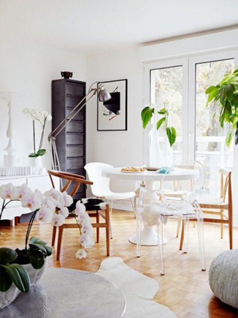 Apartment breakfast nook with mismatched chairs Wishbone Chair Dining, Mismatched Chairs, Scandinavian Inspiration, Style Loft, Dining Room Inspiration, Armchair Design, Scandinavian Interior, Nordic Design, Wishbone Chair