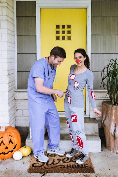 Pressed for time to find a Halloween costume? Make your own Operation look with a bit of felt and matching clothes. #halloween #halloweenideas #halloweencostumes #halloweencostumesforwomen #coupleshalloweencostumes #lastminute #lastminutecostume #easycostumes Doctor And Operation Costume, Operation Costume Couple, Comfy Halloween Costumes For Couples, Doctor Couple Costume, Operation Costume, Costumes Homemade, Diy Adult Halloween Costumes, Halloween Costume Couple, Meme Costume