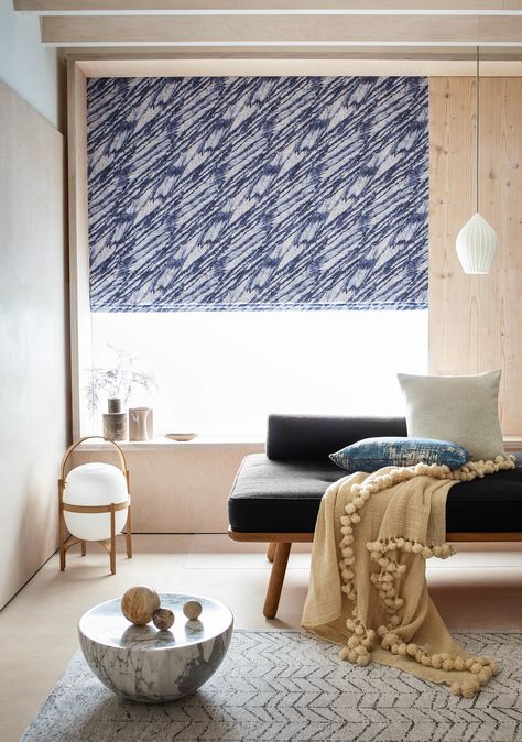 Drift Indigo is a beautiful, lively Roman blind design with a light blue abstract motif etched on with a deeper blue pattern waved throughout. This is perfect for your bedroom or living room If you want to experiment with bold pattern but are a little nervous about doing. Add some bold patterns to your room. Roman Blinds For Windows, Roman Blinds Design, Blind Design, Best Curtains, Patterned Blinds, Curtains And Blinds, Japandi Design, Living Etc, Blinds Design