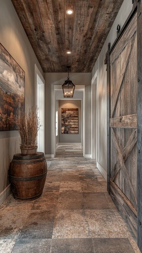 Hallway Design Ideas, Brick Archway, Rustic Hallway, Stone Archway, Wooden Beams Ceiling, Rustic Wooden Bench, Home Sanctuary, House Flippers, Wall Paneling Diy