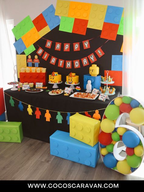 The best Lego birthday decorations - Coco's Caravan Lego Birthday Party Centerpieces Ideas, Shape Birthday Party, Lego Theme Decor, Lego Birthday Backdrop, Lego Birthday Party Ideas For Boys, Lego Party Theme, Lego Birthday Decor, Lego Party Backdrop, Lego Themed Birthday Party Decoration