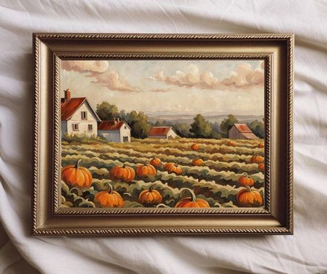 Pumpkin Patch Oil Painting Print | Chelsy Weisz | Add a touch of fall charm to your walls with this prairie-inspired pumpkin patch oil painting print. Perfect for bringing a serene, autumn feel to your home decor. Ideal for anyone who loves the warmth and colors of fall! | Click to explore the full collection on Etsy. #FallArt #PrairieStyle #PumpkinDecor Pumpkin Patch Painting, Paint A Pumpkin, Peaceful Countryside, Pumpkin Field, Countryside Living, Vintage Feeling, Fall Wall Art, Autumn Painting, Autumn Landscape