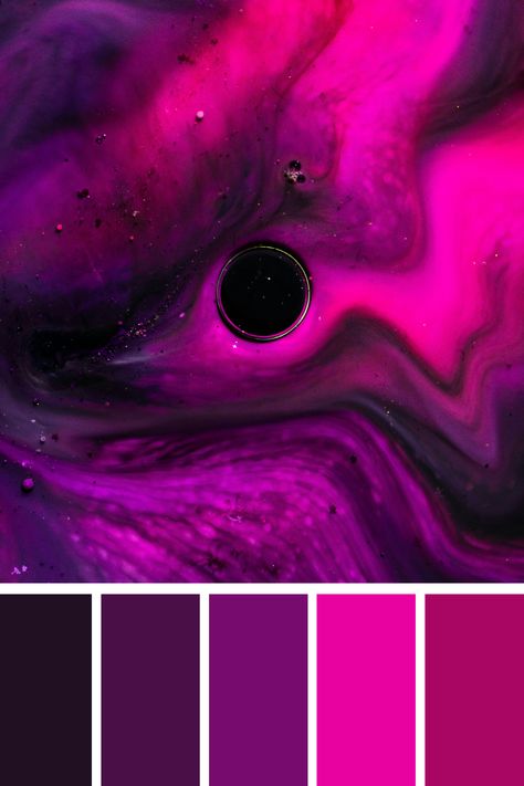 The striking purple and pink color palette in this abstract design features swirling shades of magenta and purple with subtle gold accents, evoking an otherworldly and energetic atmosphere. Purple Magenta Color Palette, Magenta Color Combinations, Purple Color Pallet, Magenta Color Palette, Color Scheme Generator, Pink Color Palette, Purple Color Palettes, Magenta Color, Color Palette Pink