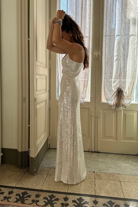 Gardenia White Sequin Maxi Dress Gatsby Maxi Dress, 1920s Inspired Dresses Modern, White Sequin Gown, Sequin Dress Maxi, Maxi Dress Tied In Knot, White Dress Formal Classy, Sequin Bridal Dress, White Sequin Long Sleeve Dress, White Tight Dresses Long