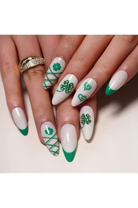 St. Patrick&#39;s Day Press on Nail Medium Almond Green Clover Fake Nail With Green Rhinestones Design French Clover False Nail for Woman Acrylic Nail Manicure Party Decoration 24pcs Lucky Nails, St Patricks Day Nails, Glamour Nails, Nail Art Set, Fake Nails With Glue, Nail Sticker, Stick On Nails, Nail Shapes, Artificial Nails