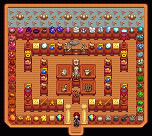 Stardew Valley, Shed Museum, Shed, Interior Design, Displays, gems, artifacts Stardew Shed, Stardew Valley Layout, Stardew Valley Tips, Stardew Valley Farms, Shed Interior, Farm Art, Farm Design, Shed Design, Stardew Valley