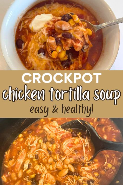 Crockpot Chicken Tortilla Soup - Balanced with Babies Easy Crockpot Chicken Tortilla Soup, Crockpot Dump Soup, Easy Chicken Tortilla Soup Crock Pot, Tortilla Soup Recipe Crockpot, Chicken Soup Recipes Crockpot, Easy Tortilla Soup Recipe, Crockpot Chicken Tortilla Soup, Soup Recipes Healthy Crockpot, Best Chicken Tortilla Soup