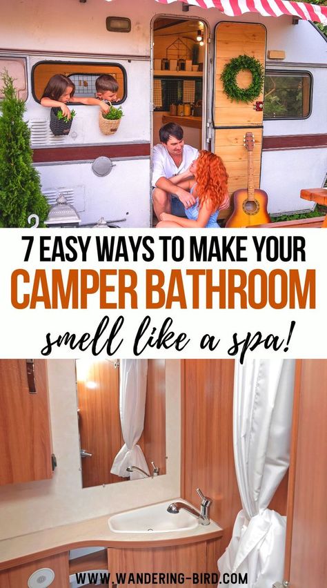 7 Easy Ways to Make Your Camper Bathroom Smell Like a Spa Vanlife Bathroom, Small Campers With Bathroom, Camper Makeover On A Budget, Diy Portable Toilet, Diy Camper Makeover, Camper Toilet, Camper Makeover Ideas, Camper Organization Rv Living, Rv Living Organization