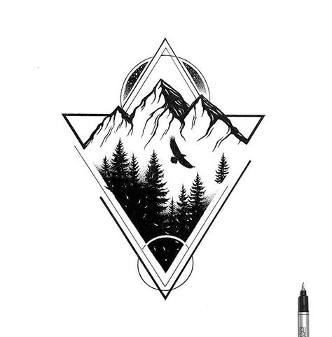 Thiago Bianchini, Geometric Mountain Tattoo, Landscape Tattoo, Forest Tattoos, Geometric Mountain, Muster Tattoos, Geometric Tattoo Design, Mountain Tattoo, Small Tattoos For Guys