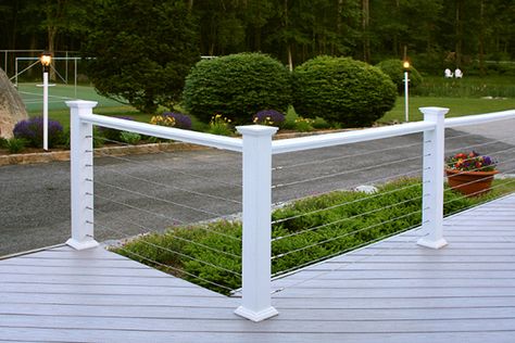 Wire Railing, Steel Cable Railing, Azek Decking, Cable Railing Deck, Outdoor Stair Railing, Patio Railing, Deck Railing Design, Laying Decking, Railing Ideas