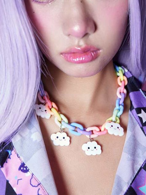 Harajuku Decora, Pastel Necklace, Dope Jewelry Accessories, Chunky Chain Necklace, Chunky Chain Necklaces, Kawaii Jewelry, Heart Choker, Kawaii Accessories, Pastel Pink Aesthetic