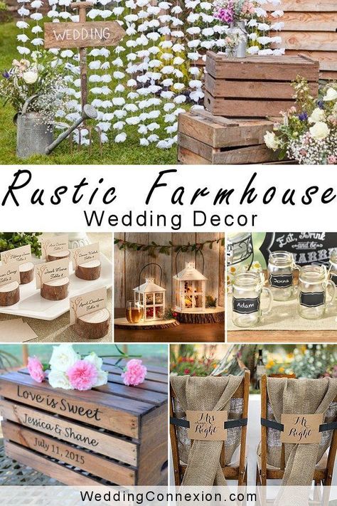 Farmhouse Wedding Ideas Receptions, Farmhouse Theme Wedding, Country Style Wedding Ideas Decoration, Farm Themed Wedding Ideas, Homestead Wedding Ideas, Farmhouse Chic Wedding Decor, Rustic Wedding Motif, Country Farmhouse Wedding Decor, Rustic Farmhouse Wedding Decor