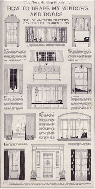 1918 Window Treatments    Some things never change: "The Never Ending Problem of How to Drape my Windows and Doors".  Source: 1918 Delineator Bedroom Blinds, Some Things Never Change, Outdoor Blinds, House Blinds, Casa Exterior, Window Dressings, Cool Ideas, Never Change, Curtain Designs