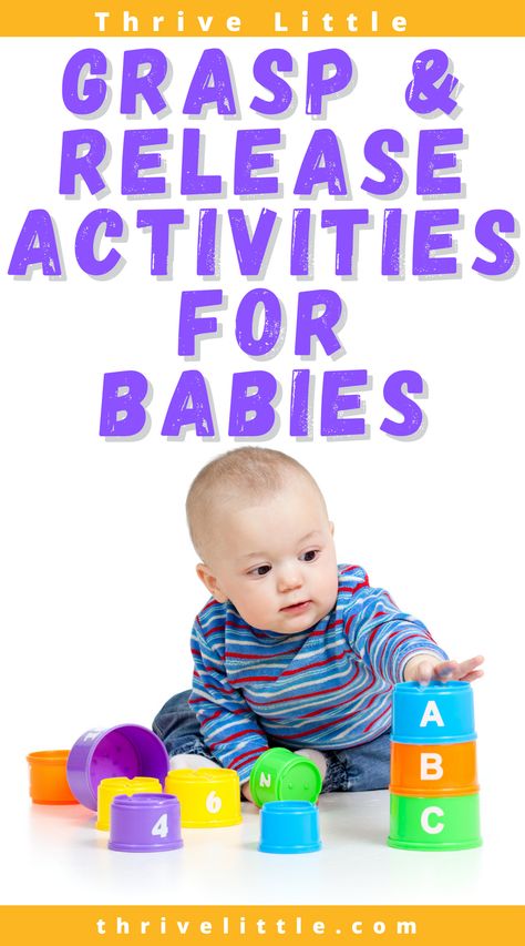 Babies should begin to let go of objects on purpose around 9 months of age. Soon after that they can release them into or onto a target. Stacking toys, ball drop toys, and eventually shape sorters and puzzles, are all great activities for babies to learn this skill! For more activity ideas, check out the full article from an occupational therapist! Fine Motor Skills Activities 9 Month Old, Montessori 6 Month Old, Fine Motor Skill Activity For Infants, Infant Large Motor Activities, Developmental Activities For 6 Month Old, Gross Motor Developmental Milestones, Daycare Office, Baby Developmental Milestones, Developmental Activities