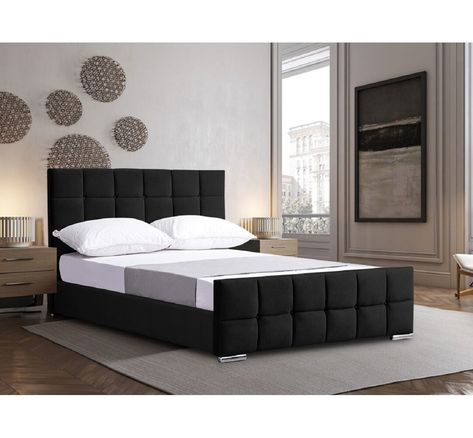 This bed is an elegant cubed designer bed frame, handcrafted and made in the UK this bed has the wow factor. Cube style headboard and a padded finish, matching buttons on headboard and footboard. Solid construction with solid slats. Size: Super King (6'), Colour: Black Black Bedrooms, Velvet Bed Frame, Designer Bed, Small Double Bed, Super King Size Bed, Padded Headboard, Velvet Bed, Mattress Frame, Upholstered Bed Frame