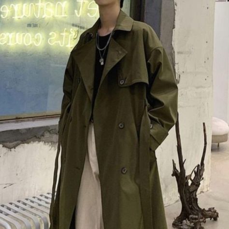 Army Trench Coat, Army Green Trench Coat Outfit, Dark Green Trench Coat Outfit, Trench Coat Outfit Men, Green Trench Coat Outfit, Aesthetic Coats, Khaki Trench Coat Outfit, Green Coat Outfit, Trench Coat Street Style