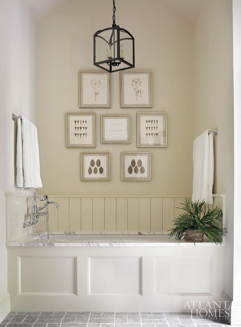 In the master bath, framed botanicals from the Atlanta History Center form a charming focal point. Frame Arrangements, Marble Tub, Bad Inspiration, Bath Panel, Tub Surround, Master Bath Remodel, Whirlpool Tub, Bathroom Tub, Atlanta Homes