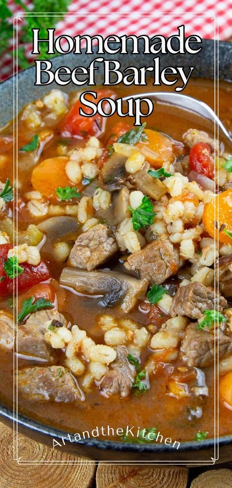 This homemade Beef Barley Soup recipe is filled with tender beef, wholesome vegetables, and nutritious barley, all simmered in a savory tomato-beef broth. It's a comforting dish for a hearty lunch or dinner that the whole family will love! Savory Soup Recipes, Easy Hamburger Soup, Tomato Beef, Barley Soup Recipe, Leftover Roast Beef, Sauteed Carrots, Beef Barley, Beef Barley Soup, Hearty Lunch