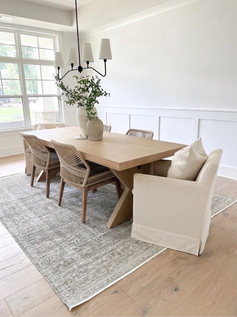 5x7 Rug Dining Room, Dining Room Table And Rug, Dining Room Carpet Ideas Area Rugs, Pine Dining Room Table, Dining Rugs Ideas, 8x10 Dining Room Rugs, Dining Room Natural Wood, Chairs For Wooden Dining Table, Rug Placement Dining Room