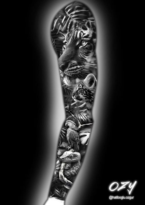 Animal Full Sleeve Tattoo, Jungle Sleeve Tattoo For Men, Jungle Scene Tattoo, Full Leg Sleeve Tattoo Design, Full Tattoo Design, Jungle Leg Sleeve, Jungle Leg Sleeve Tattoo, Jungle Sleeve Tattoo, Jungle Tattoo Design