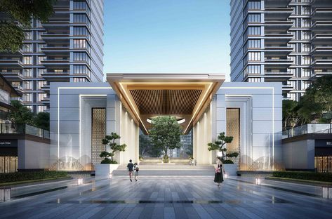 Luxury Hotel Entrance Design Exterior, Residential Entrance Gates Design, Gateway Design Architecture Entrance, Entrance Signage Design, Society Gate, Building Entrance Design, Condominium Entrance, Resort Entrance, Residential Entrance