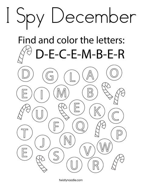 I Spy December Coloring Page - Twisty Noodle December Coloring Sheets For Kids, December Pre K Activities, December Worksheets Preschool, December Worksheets Kindergarten, December Homeschool Ideas, Month Worksheet, December Homeschool, December Worksheets, Preschool Bible Activities