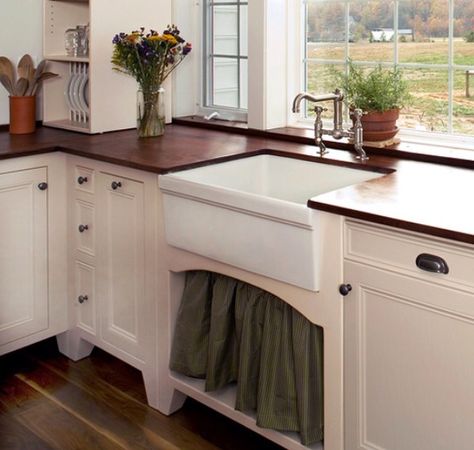 Farmhouse Sink Open Underneath, Farmhouse Sink With Curtain Underneath, Hummingbird Sanctuary, Kitchen Sink Curtains, Fancy Sink, Kitchen Color Combos, Farmhouse Reno, Beachy Farmhouse, Bnb Ideas