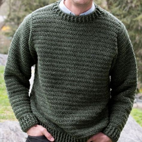 Give him a gift he will love this year for Father's Day. The Simple Sweater for Him is an easy crochet pattern to complete with a stylish ribbed pattern. It's a classic crew neck sweater that can be worn almost anywhere. Be sure to make it in his favorite color. Red Heart Super Tweed yarn is used for this simple sweater pattern. Simple Sweater Pattern, Mens Knit Sweater Pattern, Simple Sweater, Mens Knit Sweater, Crochet Men, Gilet Crochet, Crochet Jumper, Crochet Sweater Pattern Free, Jumper Patterns