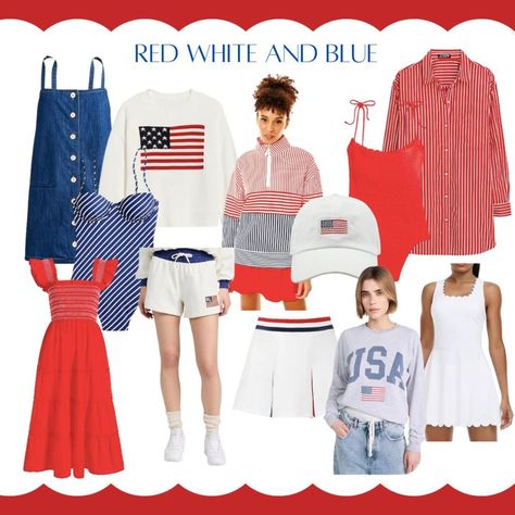 Red, White and Blue Outfit Ideas White And Blue Outfit Ideas, Blue Outfits For Women, Red White And Blue Outfits, White And Blue Outfits, Blue Outfit Ideas, White And Blue Outfit, Red Bathing Suit, Lake Pajamas, Red Bathing Suits