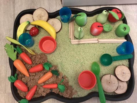 Fruit and veg, sensory tray, tuff tray, sensory exploration, fine motor development Sensory Tough Tray Ideas, Sensory Tough Tray, Sensory Tuff Tray Ideas Sen, Potions Sensory Play, Dinosaur Messy Play Tray, Sensory Tray, Fine Motor Development, Sensory Exploration, Motor Development