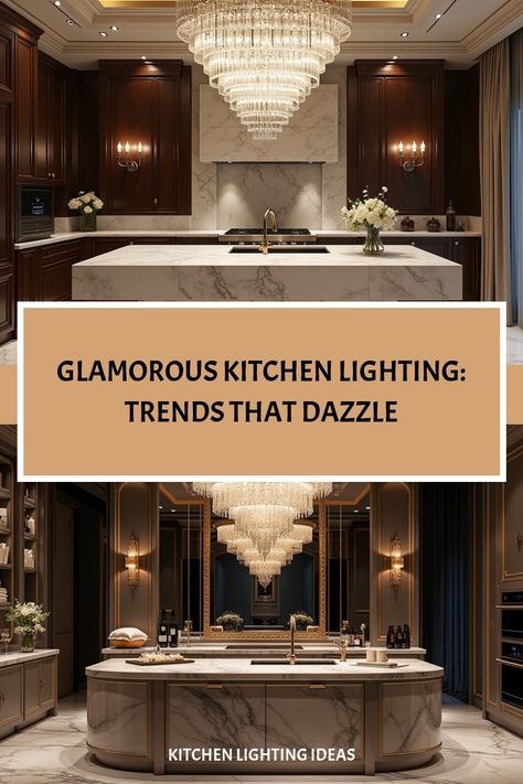 Luxury kitchen with elegant, dramatic light fixture New Lighting Trends, Latest Kitchen Trends, Glamorous Kitchen, Smart Lighting System, Kitchen Aesthetics, Ideas For Kitchen, High End Lighting, Minimalist Lighting, Lighting Trends