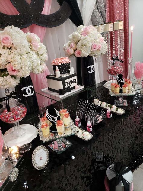 Kerina's Chanel Inspired Baby Shower | CatchMyParty.com Chanel Inspired Party Decor, Chanel Bday Party Ideas, Coco Chanel Decoration Party, Channel Birthday Party Ideas, Channel Theme Party Ideas, Chanel Baby Shower Theme, Chanel Decorations Party, Channel Party Ideas, Chanel Party Theme Decoration