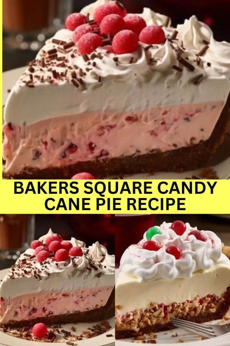 Bakers Square Candy Cane Pie Recipe, Candy Cane Pie Recipe, Peppermint Pie Recipe, Candy Cane Pie, Bakers Square, Creamy Pie, Chocolate Filling, Festive Treats, Red Food