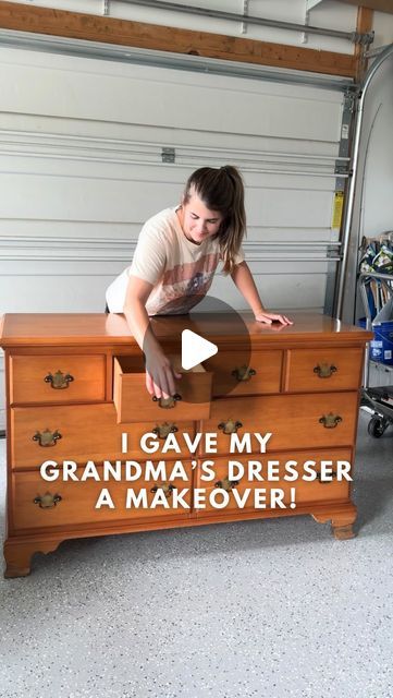 Jenna Townsend | Furniture Flips + DIY on Instagram: "Hope I did Grandma proud! 😉👵🏻  Comment DETAILS for a full list of the products/links I used on this vintage dresser makeover!  Paint Color: Wise Owl Enamel (random mix of Kashmir, Gray Linen, Fauna)  #vintagefurniture #furnitureflip #furnituremakeover #paintedfurniture #painting #diyproject #dressermakeover #woodstain #vintage #thrifted #woodfurniture #dresser #paintsprayer" Black Dresser Diy, Dresser Makeover Black, Thrift Flip Furniture, Wood Dressers Makeover, Refinished Dresser Diy, Diy Nightstand Makeover, Modern Dresser Makeover, Vintage Dresser Makeover, Dresser Flips