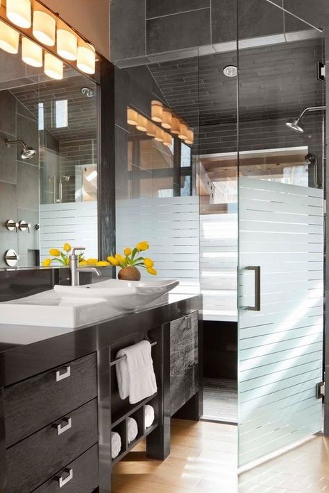 small bathroom ideas modern shower enclosure black vanity cabinet Frosted Shower Doors, Bathroom Door Ideas, Makeover Kamar Mandi, Pintu Interior, Glass Closet Doors, Glass Closet, Glass Shower Doors Frameless, Vanity Cabinets, Contemporary Bathroom Designs