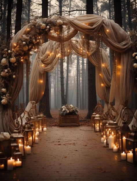 Whimsical Wedding Forest, Wood Fairy Wedding, Victorian Forest Wedding, Fall Wedding In Woods, Brown Green Wedding Theme, Rustic Fantasy Wedding, Green Brown Wedding Theme, Forrest Weddings Decoration, Fall Wedding In The Woods