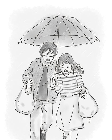 Illustrations of couple, raining, girl, boy, and cute. Couple Umbrella Drawing, Couple Under Umbrella Drawing Anime, Two People Under Umbrella Drawing, Couple In The Rain Drawing, Girl And Boy Best Friends Drawing, Girl And Boy Couple Drawing, Friendship Sketches, Couple With Umbrella, Boy And Girl Sketch