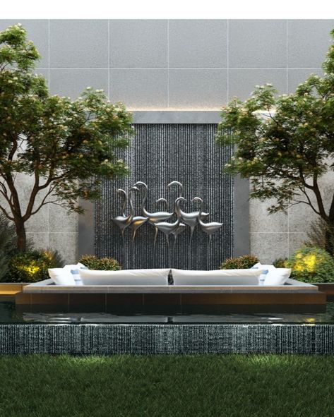 Courtyard Garden Landscape Design Modern Villa Garden Design, Waterbody In Courtyard, Monument Landscape Design, Best Courtyard Design, Waterfall Design Water Walls, Waterfall Landscape Design, Small Garden Terrace Ideas, Door Garden Ideas, Wall Waterfall Outdoor